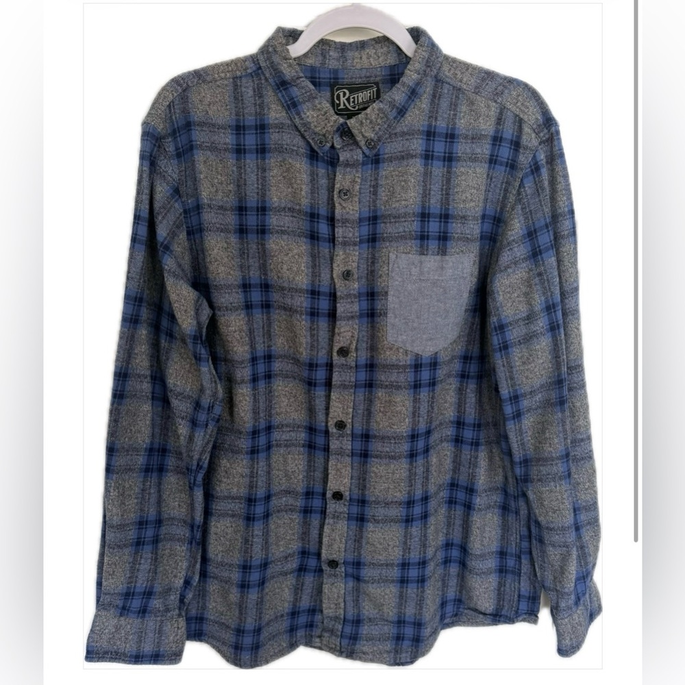 Retrofit Men's Blue and Gray Plaid Flannel Shirt Size XL
